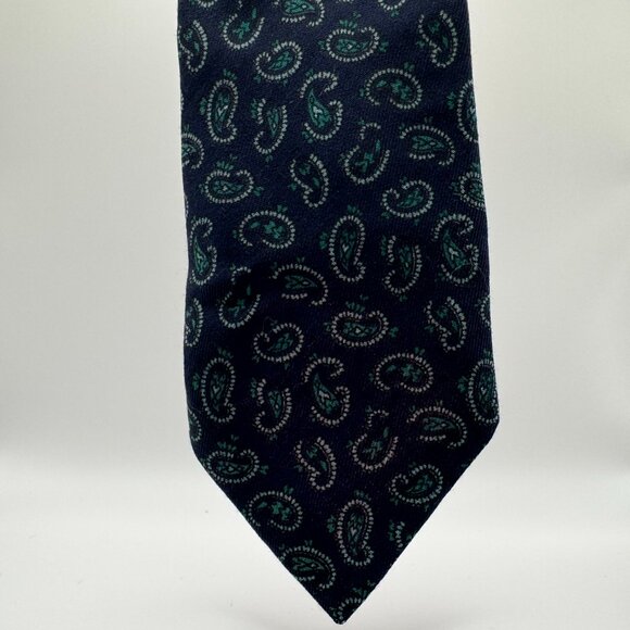 Schiaparelli Wool Paisley Tie โ Dark Blue, Green 1970s, Wool - Picture 5 of 7